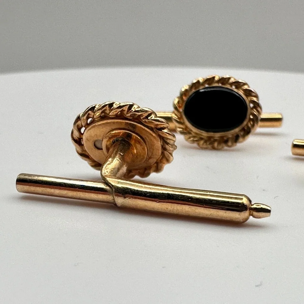 Vintage 90s Gold Tone‎ Twisted Rope Edge Black Onyx Cufflinks Set Jewelry